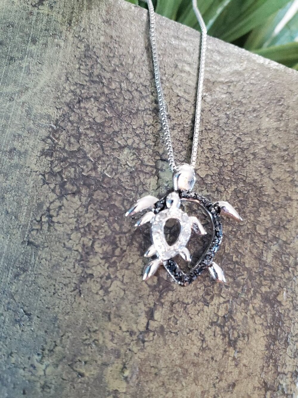 Mama Sea Turtle & Baby Pendant Necklace Clear & Black Crystals